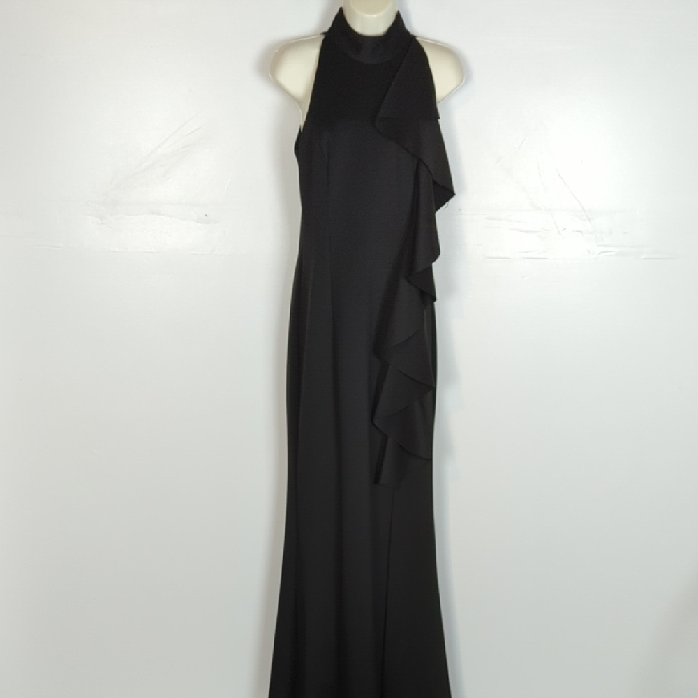 Eliza J Halter Neck Scuba Knit Ruffle Evening Gown